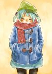  1girl alternate_costume black_legwear blue_hair blue_skirt blush blush_stickers buttons closed_eyes hair_bobbles hair_ornament hands_in_pockets hat kawashiro_nitori nose_blush pantyhose red_scarf scarf scarf_over_mouth skirt solo touhou traditional_media twintails 