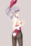  1girl animal_ears ass bowtie brown_eyes bunny_tail bunnysuit detached_collar ekibyou female from_behind kantai_collection pantyhose ponytail rabbit_ears short_hair silver_hair solo tail wrist_cuffs zuihou_(kantai_collection) 