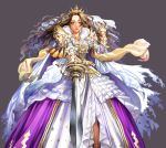  1girl armor brown_eyes brown_hair crown dress gauntlets long_hair looking_at_viewer matsuda_(matsukichi) original sword weapon 
