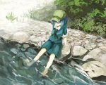  1girl amoranorem barefoot blue_eyes blue_hair bush hair_bobbles hair_ornament hair_over_one_eye hat kawashiro_nitori key plant river rock shirt short_sleeves sitting sitting_on_rock skirt skirt_set sleeves_rolled_up soles solo stone touhou twintails wading water 