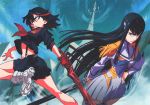  2girls blue_eyes epaulettes fingerless_gloves gamagoori_ira gloves honnouji_gakuen inumuta_houka jakuzure_nonon junketsu kill_la_kill kiryuuin_satsuki long_hair matoi_ryuuko midriff multicolored_hair multiple_girls newtype official_art sakamoto_masaru sanageyama_uzu school_uniform scissor_blade senketsu serafuku short_hair skirt sleeves_pushed_up suspenders sword textless two-tone_hair uniform watermark weapon 