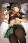  1girl :o ahoge black_legwear blurry brown_eyes chestnut_mouth depth_of_field green_eyes highres kantai_collection kyouya_(mukuro238) looking_at_viewer lying midriff navel on_back pantyhose ponytail school_uniform short_hair sketch skirt solo yuubari_(kantai_collection) 