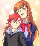  1boy 1girl ;d brother_and_sister brown_eyes green_eyes gundam gundam_build_fighters gundam_build_fighters_try hood hoodie kamiki_mirai kamiki_sekai long_hair one_eye_closed open_mouth redhead sakata3 school_uniform siblings smile 