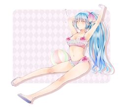  1girl ball beachball bikini blue_hair original sandals shabon_(kokolog) sitting stretch swimsuit twintails 