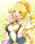  0417nao 1girl blonde_hair blush breasts cure_honey earrings eyelashes hair_ornament hair_ribbon happinesscharge_precure! happy jewelry large_breasts long_hair looking_at_viewer magical_girl oomori_yuuko open_mouth ponytail precure puffy_sleeves ribbon shirt skirt smile solo vest wrist_cuffs yellow_eyes yellow_skirt 