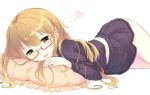  1girl blonde_hair blurry blush brown_eyes depth_of_field drooling glasses heart highres kantai_collection long_hair looking_at_viewer lying mochizuki_(kantai_collection) nerunnn on_stomach pillow red-framed_glasses semi-rimless_glasses skirt solo under-rim_glasses white_background 