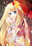  blonde_hair blue_eyes blush chloe_lemaire girlfriend_(kari) happy headdress japanese_clothes kimono long_hair parasol 