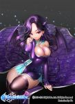  1girl aile_(crossroads) black_legwear breasts cleavage demon_tail demon_wings demoness earrings jewelry large_breasts long_hair purple_hair soccer_spirits solo tail violet_eyes wings 