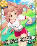  big_breasts blonde_hair character_name hamakawa_ayuna idolmaster idolmaster_cinderella_girls long_hair pink_hair ponytail shorts sky smile sports 