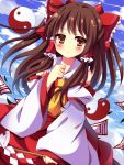  1girl alternate_hairstyle ascot bare_shoulders blue_sky blush bow brown_eyes brown_hair clouds commentary_request detached_sleeves dress gohei hair_bow hair_tubes hakurei_reimu long_sleeves looking_at_viewer red_dress sky solo spell_card touhou two_side_up uguisu_mochi_(ykss35) wide_sleeves yin_yang 