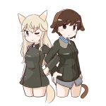  2girls animal_ears aqua_eyes blonde_hair blue_eyes blush bomber_jacket brown_hair dog_ears dog_tail erua fox_ears fox_tail hand_on_hip heart jacket locked_arms long_hair long_sleeves military military_uniform multiple_girls one_eye_closed ottilie_kittel short_hair simple_background strike_witches tail uniform waltraud_nowotny white_background 