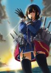  1girl biting black_hair chain clouds garter_straps glove_biting glove_pull gloves hat kantai_collection putting_on_gloves seramikku sky solo sunset takao_(kantai_collection) thigh-highs turret 