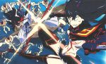  2girls battle black_hair breasts iwasaki_shouta junketsu kill_la_kill kiryuuin_satsuki living_clothes matoi_ryuuko multicolored_hair multiple_girls navel official_art redhead revealing_clothes scissor_blade senketsu spoilers sword textless thigh-highs two-tone_hair under_boob watermark weapon 