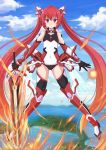  1girl bare_shoulders black_gloves black_legwear blush boots clouds fire flat_chest floating gloves gradient_hair highres kazenokaze knee_boots long_hair looking_at_viewer mitsuka_souji multicolored_hair orange_hair ore_twintail_ni_narimasu red_eyes redhead sky solo sword tail_red thigh-highs twintails very_long_hair violet_eyes weapon 