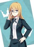  1girl adjusting_glasses blonde_hair blue_eyes dangan_ronpa formal genderswap glasses hand_on_hip highres jacket long_hair necktie nurun_najwah open_clothes open_jacket semi-rimless_glasses skirt solo suit togami_byakuya under-rim_glasses 