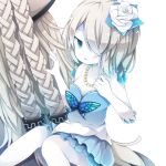  1girl beni_shake blue_dress blue_eyes breasts butterfly cleavage commentary dress elbow_pads flower gloves hair_flower hair_ornament hair_over_one_eye jewelry mabinogi mirror_witch_(mabinogi) necklace silver_hair solo white_gloves 