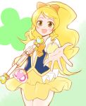  1girl arakawa_tarou blonde_hair blush cure_honey earrings eyelashes happinesscharge_precure! happy highres jewelry long_hair looking_at_viewer magical_girl oomori_yuuko open_mouth precure puffy_sleeves shirt skirt smile solo vest wrist_cuffs yellow_eyes yellow_skirt 