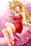 1girl bangle blonde_hair blue_eyes bracelet breasts cleavage dress earrings hoop_earrings jewelry khaliqa_bell long_hair necklace panty_&amp;_stocking_with_garterbelt panty_(psg) pumps red_dress red_shoes shoes short_dress smile solo 