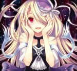  1girl bare_shoulders blonde_hair bust chisa hair_over_one_eye hands_on_own_cheeks hands_on_own_face hat long_hair open_mouth pandora_(p&amp;d) puzzle_&amp;_dragons red_eyes revision smile solo 