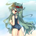  androgynous ass beach blush character_name green_hair headband len&#039;en long_hair looking_at_viewer looking_back pointy_ears red_eyes school_swimsuit solo swimsuit taira_no_fumikado 