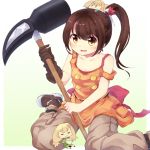  1girl :3 bare_shoulders blonde_hair blush bow breasts brown_gloves brown_hair cleavage closed_eyes collarbone cup fuuen_(akagaminanoka) gloves gradient gradient_background hair_ornament hair_ribbon hammer hammer_(ole_tower) holding holding_weapon long_hair looking_at_viewer nail off_shoulder ole_tower open_mouth pants pink_bow ponytail ribbon shoes side_ponytail single_glove sitting smile solo weapon yellow_eyes 