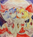  2girls bat_wings blonde_hair blue_hair blush cheek-to-cheek flandre_scarlet holding_hands interlocked_fingers looking_at_viewer multiple_girls puffy_short_sleeves puffy_sleeves red_eyes remilia_scarlet scan short_hair short_sleeves siblings side_ponytail sisters touhou traditional_media wings yagami_(mukage) 