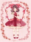  1girl adapted_costume alternate_costume bird branch brown_hair cherry_blossoms detached_sleeves flower hair_ribbon hair_tubes hakurei_reimu kneehighs looking_at_viewer mary_janes pink pink_background red_eyes ribbon shoes short_hair solo touhou yujup 