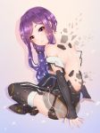  1girl bare_back bare_shoulders black_legwear blush detached_sleeves fangxiang_cuoluan highres indian_style long_hair looking_at_viewer mecha_musume original purple_hair sitting solo thigh-highs violet_eyes 
