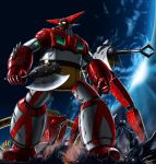  alien axe back-to-back corpse damaged earth getter-1 getter-2 getter-3 getter_robo highres mecha monster moon no_humans oldschool rust shin_getter_robo space super_robot weapon 