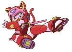  1girl android animal_ears animal_helmet armor blue_eyes cat_ears cat_tail fang flying_kick heart kicking kyatto_ninden_teyandee mecha_musume pururun ramb_chop robot_joints short_sword solo sword tail weapon 