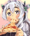  +_+ 1girl blush butterfly_hair_ornament chaika_trabant dress eating eyebrows food frills gigokku hair_ornament hairband highres hitsugi_no_chaika lolita_hairband long_hair looking_at_viewer messy pizza silver_hair solo violet_eyes 