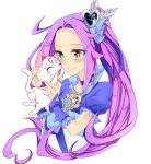  1girl animal artist_request blue_dress blush cat choker cure_beat dress eyelashes hair_ornament happy heart heart_hair_ornament hummy_(suite_precure) kurokawa_eren long_hair magical_girl ponytail portrait precure puffy_sleeves purple_hair seiren_(suite_precure) side_ponytail simple_background smile solo source_request suite_precure white_background wrist_cuffs yellow_eyes 