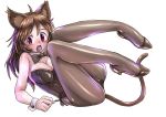  1girl animal_ears bowtie brown_hair bunnysuit cat_ears cat_tail detached_collar fang karasuke_d kittysuit leotard long_hair original pantyhose rabbit_ears red_eyes tail wrist_cuffs 