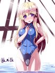  1girl adapted_costume atago_(kantai_collection) blonde_hair blue_eyes competition_swimsuit kantai_collection long_hair miuku_(marine_sapphire) one-piece_swimsuit pool rei_no_pool swimsuit 