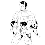  3boys anger_vein brothers carrying carrying_under_arm male monochrome multiple_boys muscle oni shirtless siblings zngo 