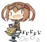  1girl :d amakara_surume armlet bare_shoulders blush brown_hair chibi gloves goggles goggles_on_head jewelry long_hair necklace ole_tower open_mouth overalls rammer_(ole_tower) riding simple_background smile solo twintails white_background |_| 
