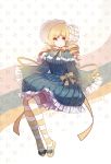  1girl blonde_hair bow breasts candeloro candeloro_(cosplay) capelet cosplay cuivre dress drill_hair large_breasts mahou_shoujo_madoka_magica ribbon sleeves_past_wrists solo striped striped_legwear thigh-highs tomoe_mami yellow_eyes 