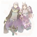  1boy 1girl ^_^ armor boots bridal_gauntlets brown_eyes brown_hair cape closed_eyes fire_emblem fire_emblem:_kakusei garter_straps henry_(fire_emblem) holding_hands jumping open_mouth osanai_satoru smile sumia thigh-highs thigh_boots white_hair 