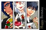  3boys black_eyes black_hair blood blood_on_face blue_eyes bowtie cup dandelion envelope flower hair_over_one_eye kishima_kouma ku. melty_blood multiple_boys nanaya_shiki necktie open_mouth ponytail red_eyes short_hair smile tongue tongue_out toono_shiki toono_shiki_(2) tsukihime vest white_hair 