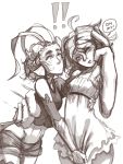  !! 2girls abs ahoge anael_(whistle_frog) antennae arm_around_waist blush commentary dress dress_tug greyscale midriff monochrome multiple_girls original pointy_ears rosalind_(whistle_frog) short_hair short_shorts shorts small_breasts surprised whistle_frog 