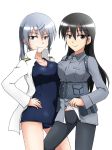  2girls asymmetrical_docking aurora_e_juutilainen black_eyes black_hair breast_press breasts cosplay costume_switch cowboy_shot crotch_seam grey_eyes grey_legwear hand_on_hip isosceles_triangle_(xyzxyzxyz) kitagou_fumika long_hair looking_at_viewer military military_uniform multiple_girls open_clothes open_shirt pantyhose pouch school_swimsuit shirt_lift silver_hair smile strike_witches swimsuit uniform white_background 