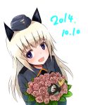  1girl :d aksman animal_ears black_ribbon blonde_hair blush bouquet brown_hair cat_ears character_doll dated dog_ears flower garrison_cap gertrud_barkhorn hat helma_lennartz holding leaf long_hair long_sleeves military military_uniform open_mouth ribbon simple_background smile solid_circle_eyes solo strike_witches twintails uniform violet_eyes white_background 