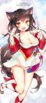  1girl :d ahri animal_ears breasts brown_hair cleavage collarbone detached_sleeves dress fang fox_ears joypyonn league_of_legends long_hair looking_at_viewer open_mouth orange_eyes paw_pose smile solo very_long_hair watermark web_address 