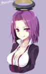  1girl :q breasts bust cleavage highres kantai_collection looking_at_viewer mechanical_halo note_(aoiro_clip) purple_background purple_hair short_hair sketch solo tatsuta_(kantai_collection) tongue tongue_out twitter_username violet_eyes 