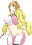  1girl bike_shorts blue_eyes breasts brown_hair gundam gundam_build_fighters gundam_build_fighters_try highres hoshino_fumina long_hair looking_at_viewer manabebebe mound_of_venus navel short_hair simple_background solo white_background 