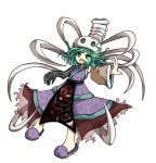  androgynous bone detached_sleeves green_eyes green_hair hair_ornament japanese_clothes kitsugai_sese len&#039;en open_mouth outstretched_arms short_hair skull_hair_ornament smile 