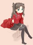  1girl aqua_eyes black_hair black_legwear dated fate/stay_night fate_(series) looking_at_viewer nagian sitting skirt solo thigh-highs tohsaka_rin toosaka_rin two_side_up zettai_ryouiki 