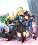  2girls :d absurdres atago_(kantai_collection) bed black_hair black_legwear blonde_hair blue_eyes breasts highres kantai_collection knees_together_feet_apart long_sleeves multiple_girls open_mouth pantyhose red_eyes sitting smile takao_(kantai_collection) thigh-highs uniform 
