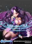  1girl :q aile_(crossroads) black_legwear breasts cleavage demon_tail demon_wings earrings jewelry large_breasts long_hair purple_hair soccer_spirits solo tail tongue tongue_out violet_eyes wings 