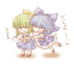  2girls blue_hair bow chibi cirno closed_eyes colored_pencil_(medium) daiyousei dress green_eyes green_hair hair_bow hair_ribbon ice ice_wings multiple_girls necktie one_eye_closed open_mouth ribbon short_hair side_ponytail simple_background smile touhou traditional_media white_background wings ziogon 